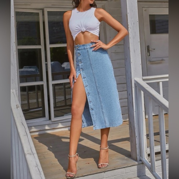 Boho button detail denim midi skirt - Picture 7 of 16